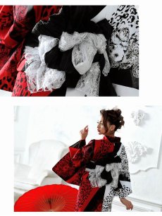 画像5: 【即納】黒×赤花柄レオパード半身柄デザイン浴衣 ゆきぽよ 着用レディース浴衣2点セット(フリーサイズ)(レッド) (5)