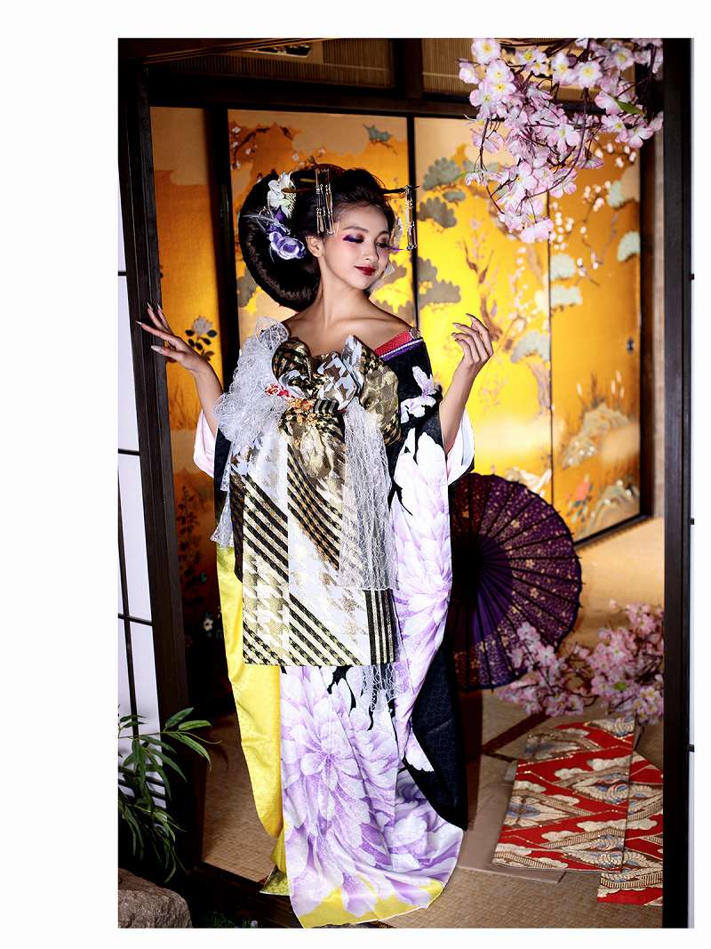 豪華18点フルコーデセット!!黒地に薄紫色の大ぶり牡丹が豪華花魁着物 ゆきぽよ 着用着物【noalice By Ryuyu】【ノアリス】OEO 和柄振袖コーデセット成人式に◎(フリーサイズ)(パープル)