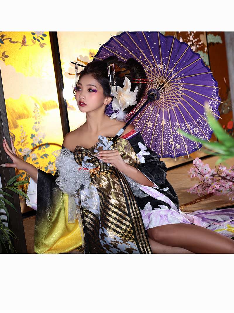 豪華18点フルコーデセット!!黒地に薄紫色の大ぶり牡丹が豪華花魁着物